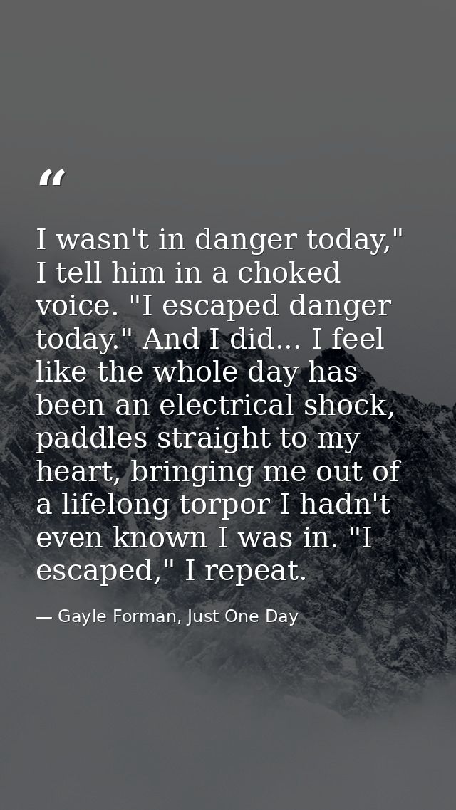 I wasn't in danger today," I tell him in a choked voice. "I escaped danger today." And I did... I feel like the whole da — Gayle Forman, Just One Day