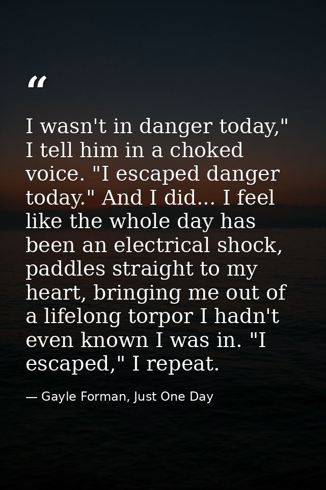 I wasn't in danger today," I tell him in a choked voice. "I escaped danger today." And I did... I feel like the whole da — Gayle Forman, Just One Day