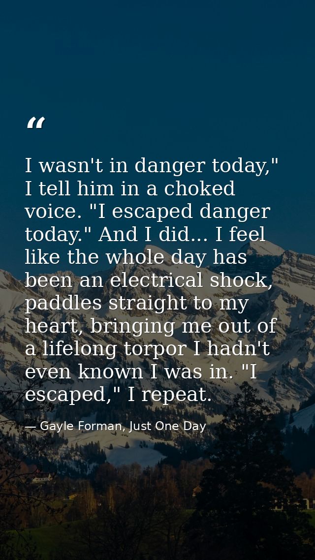 I wasn't in danger today," I tell him in a choked voice. "I escaped danger today." And I did... I feel like the whole da — Gayle Forman, Just One Day