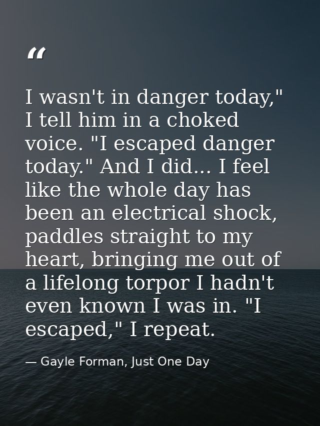 I wasn't in danger today," I tell him in a choked voice. "I escaped danger today." And I did... I feel like the whole da — Gayle Forman, Just One Day