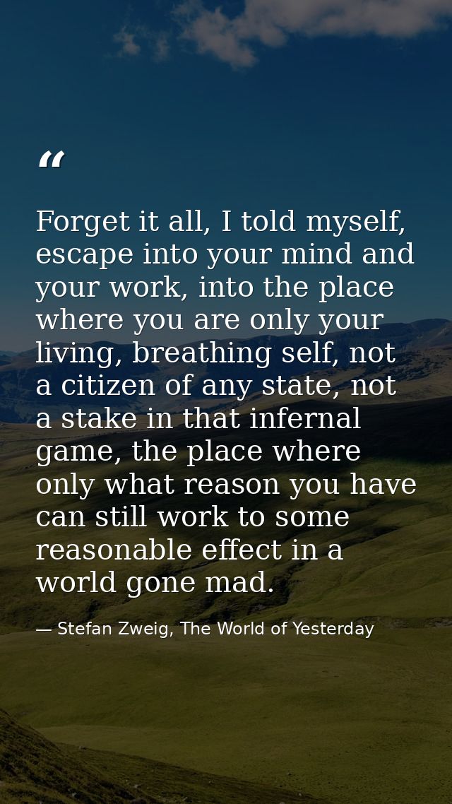 Forget it all, I told myself, escape into your mind and your work, into the place where you are only your living, breath — Stefan Zweig, The World of Yesterday