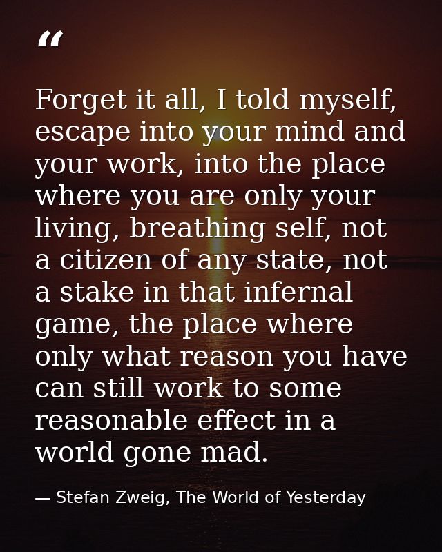 Forget it all, I told myself, escape into your mind and your work, into the place where you are only your living, breath — Stefan Zweig, The World of Yesterday