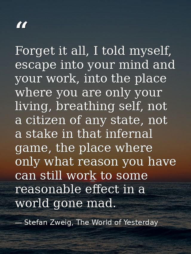 Forget it all, I told myself, escape into your mind and your work, into the place where you are only your living, breath — Stefan Zweig, The World of Yesterday