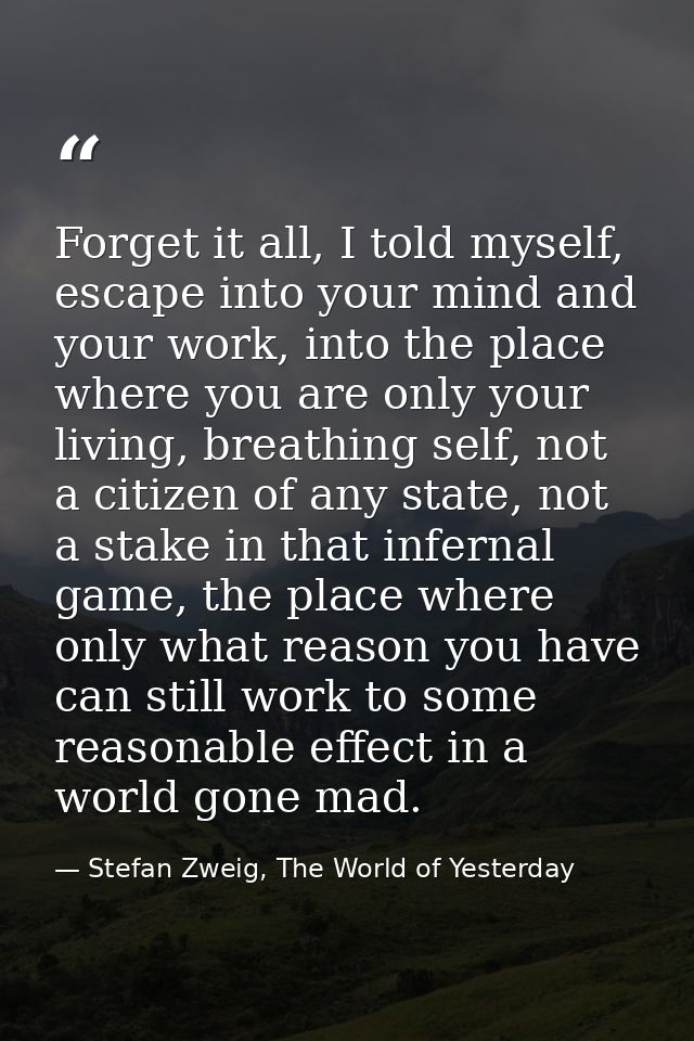 Forget it all, I told myself, escape into your mind and your work, into the place where you are only your living, breath — Stefan Zweig, The World of Yesterday