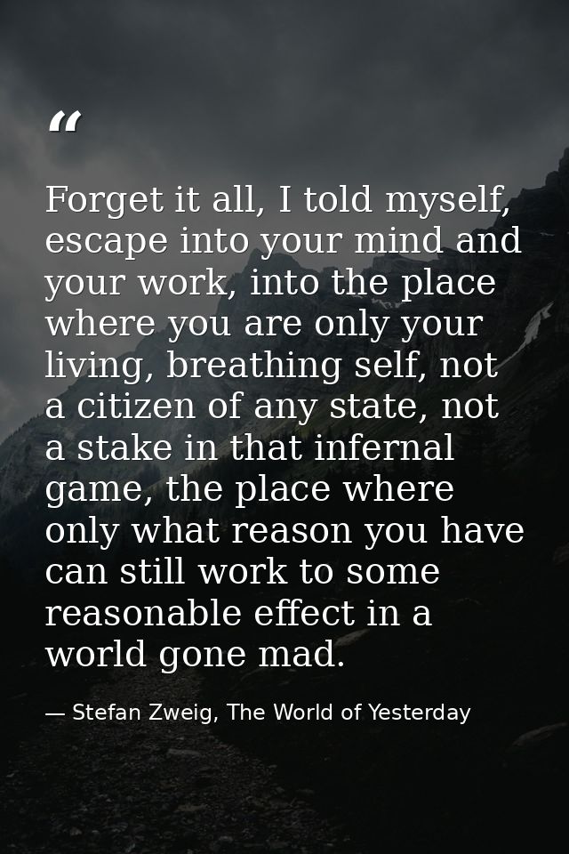 Forget it all, I told myself, escape into your mind and your work, into the place where you are only your living, breath — Stefan Zweig, The World of Yesterday