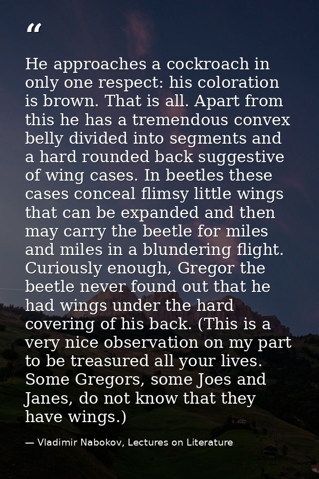He approaches a cockroach in only one respect: his coloration is brown. That is all. Apart from this he has a tremendous — Vladimir Nabokov, Lectures on Literature