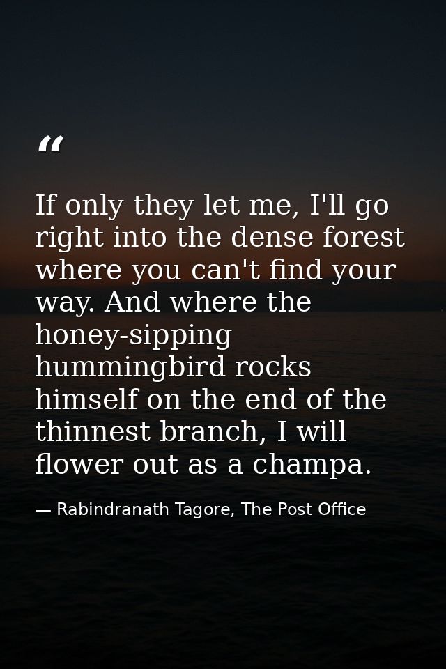 If only they let me, I'll go right into the dense forest where you can't find your way. And where the honey-sipping humm — Rabindranath Tagore, The Post Office