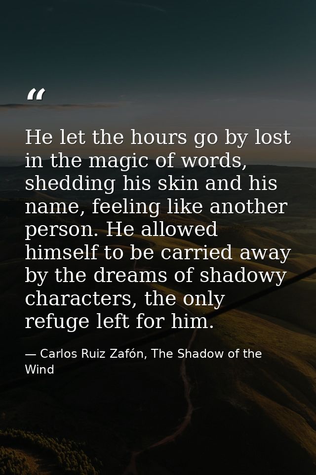 He let the hours go by lost in the magic of words, shedding his skin and his name, feeling like another person. He allow — Carlos Ruiz Zafón, The Shadow of the Wind