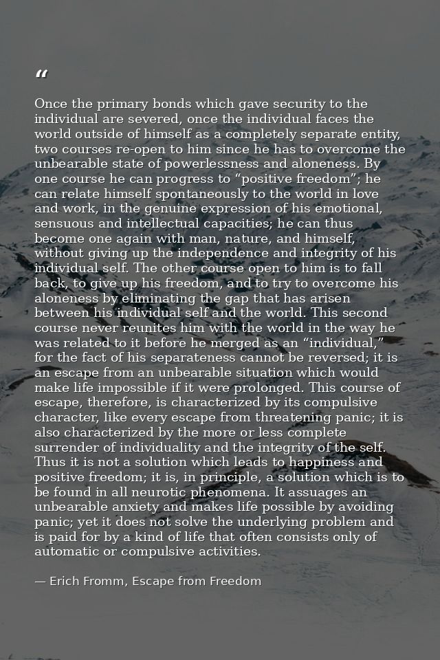 Once the primary bonds which gave security to the individual are severed, once the individual faces the world outside of — Erich Fromm, Escape from Freedom