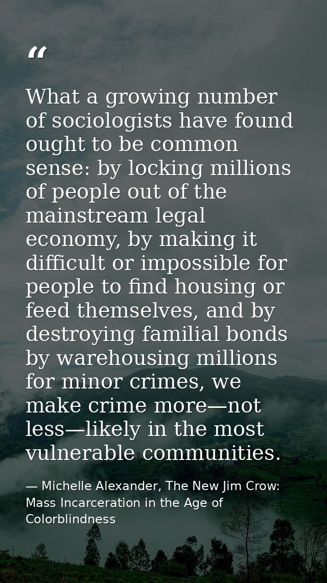 What a growing number of sociologists have found ought to be common sense: by locking millions of people out of the main — Michelle Alexander, The New Jim Crow: Mass Incarceration in the Age of Colorblindness