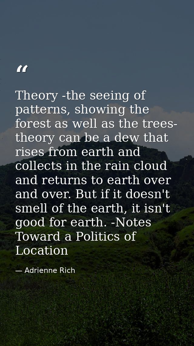 Theory -the seeing of patterns, showing the forest as well as the trees- theory can be a dew that rises from earth and c — Adrienne Rich