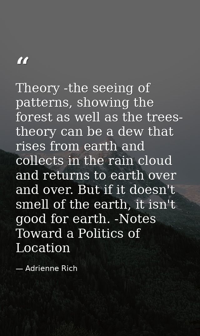Theory -the seeing of patterns, showing the forest as well as the trees- theory can be a dew that rises from earth and c — Adrienne Rich