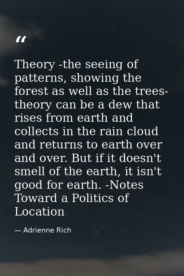 Theory -the seeing of patterns, showing the forest as well as the trees- theory can be a dew that rises from earth and c — Adrienne Rich