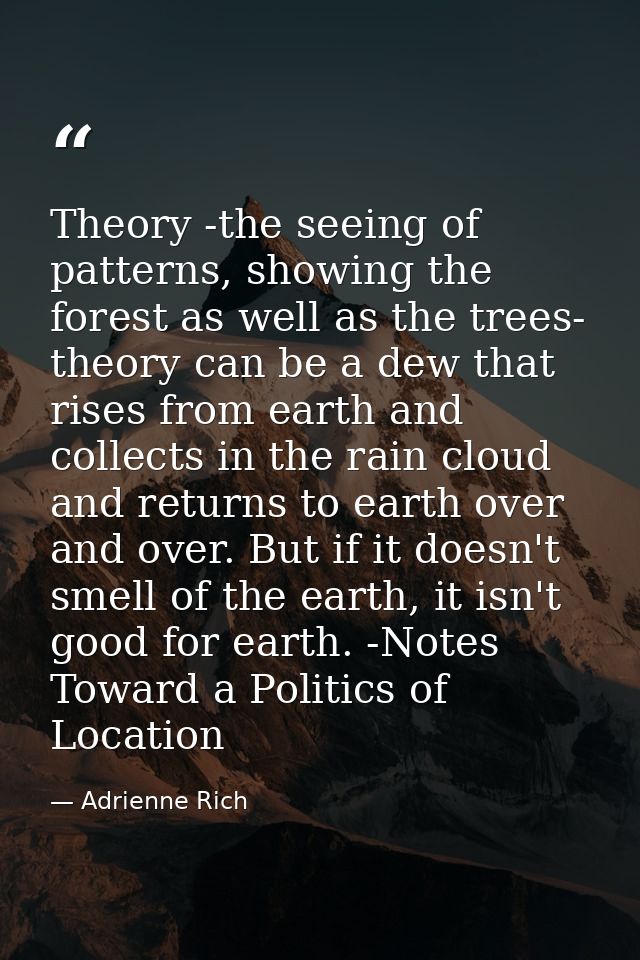 Theory -the seeing of patterns, showing the forest as well as the trees- theory can be a dew that rises from earth and c — Adrienne Rich