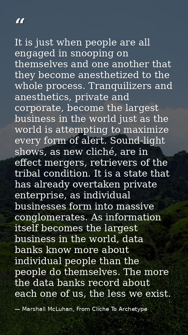 It is just when people are all engaged in snooping on themselves and one another that they become anesthetized to the wh — Marshall McLuhan, From Cliche To Archetype