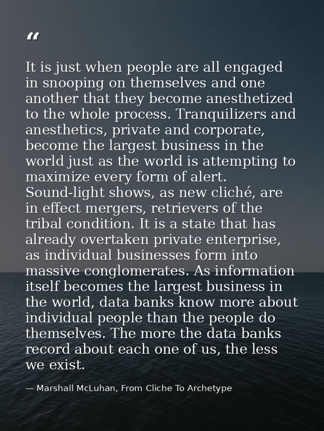 It is just when people are all engaged in snooping on themselves and one another that they become anesthetized to the wh — Marshall McLuhan, From Cliche To Archetype