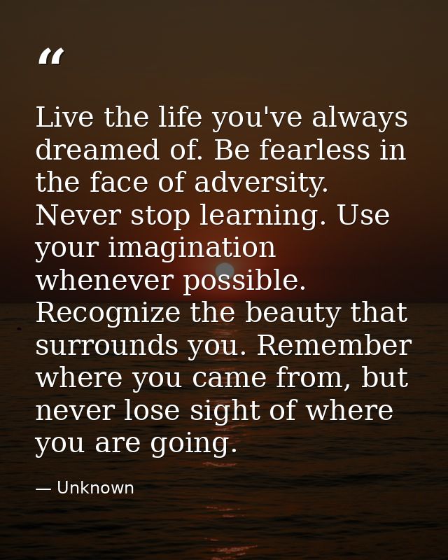 Live the life you've always dreamed of. Be fearless in the face of adversity. Never stop learning. Use your imagination  — Unknown