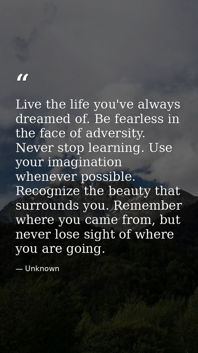 Live the life you've always dreamed of. Be fearless in the face of adversity. Never stop learning. Use your imagination  — Unknown
