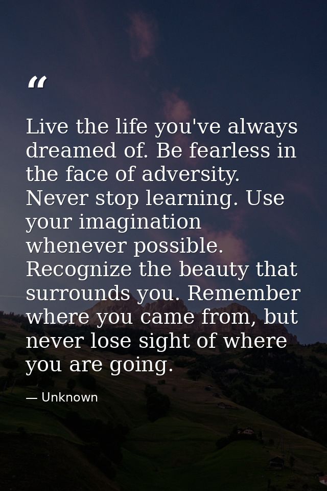 Live the life you've always dreamed of. Be fearless in the face of adversity. Never stop learning. Use your imagination  — Unknown