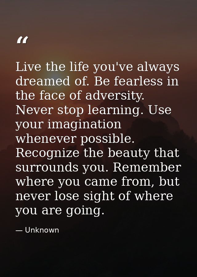 Live the life you've always dreamed of. Be fearless in the face of adversity. Never stop learning. Use your imagination  — Unknown