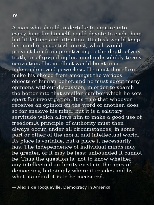 A man who should undertake to inquire into everything for himself, could devote to each thing but little time and attent — Alexis de Tocqueville, Democracy in America