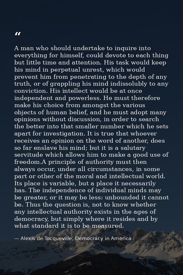 A man who should undertake to inquire into everything for himself, could devote to each thing but little time and attent — Alexis de Tocqueville, Democracy in America