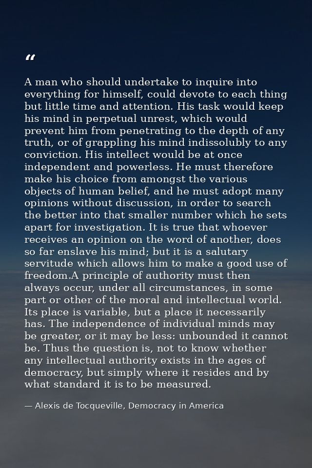 A man who should undertake to inquire into everything for himself, could devote to each thing but little time and attent — Alexis de Tocqueville, Democracy in America