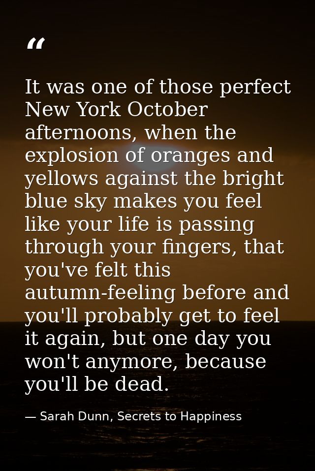 It was one of those perfect New York October afternoons, when the explosion of oranges and yellows against the bright bl — Sarah Dunn, Secrets to Happiness