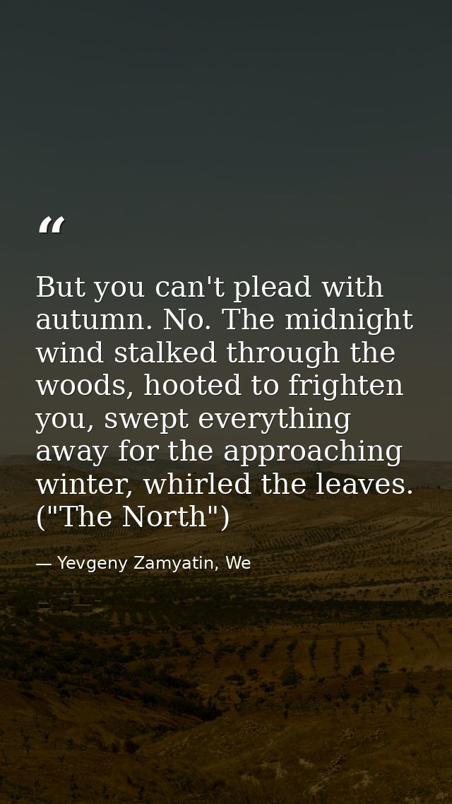 But you can't plead with autumn. No. The midnight wind stalked through the woods, hooted to frighten you, swept everythi — Yevgeny Zamyatin, We