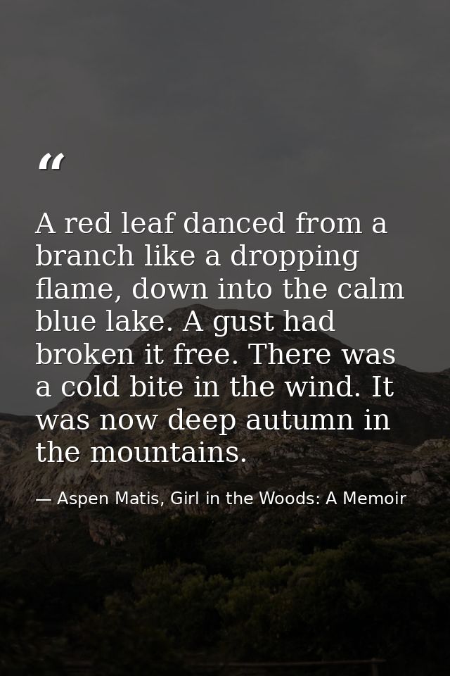 A red leaf danced from a branch like a dropping flame, down into the calm blue lake. A gust had broken it free. There wa — Aspen Matis, Girl in the Woods: A Memoir