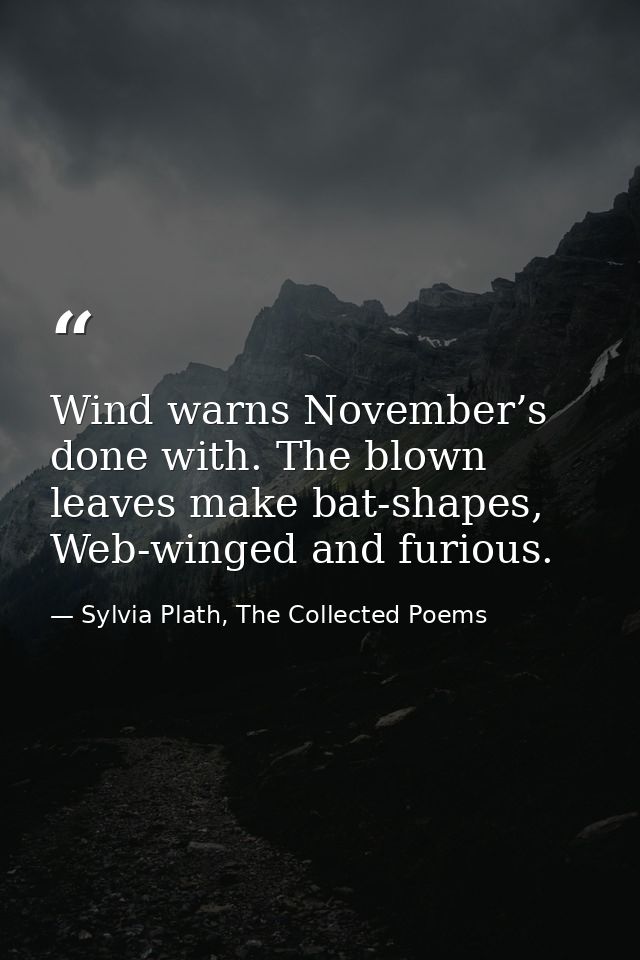 Wind warns November’s done with. The blown leaves make bat-shapes, Web-winged and furious. — Sylvia Plath, The Collected Poems
