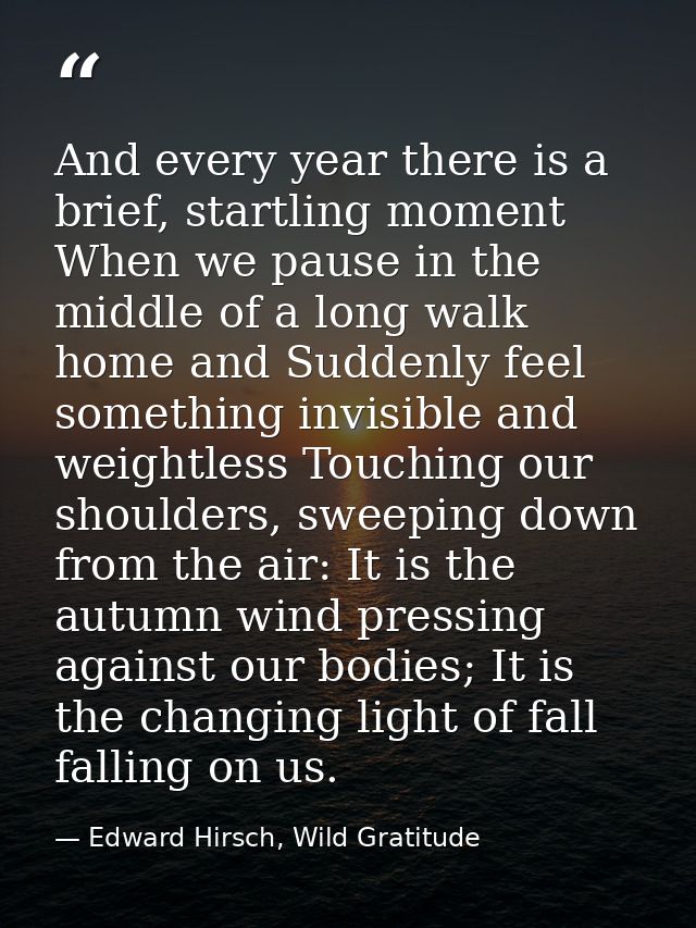 And every year there is a brief, startling moment When we pause in the middle of a long walk home and Suddenly feel some — Edward Hirsch, Wild Gratitude