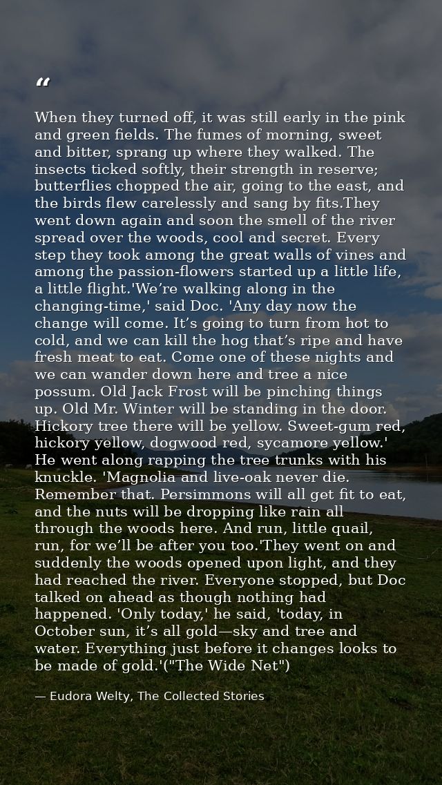 When they turned off, it was still early in the pink and green fields. The fumes of morning, sweet and bitter, sprang up — Eudora Welty, The Collected Stories