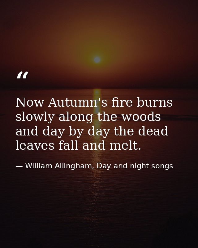 Now Autumn's fire burns slowly along the woods and day by day the dead leaves fall and melt. — William Allingham, Day and night songs