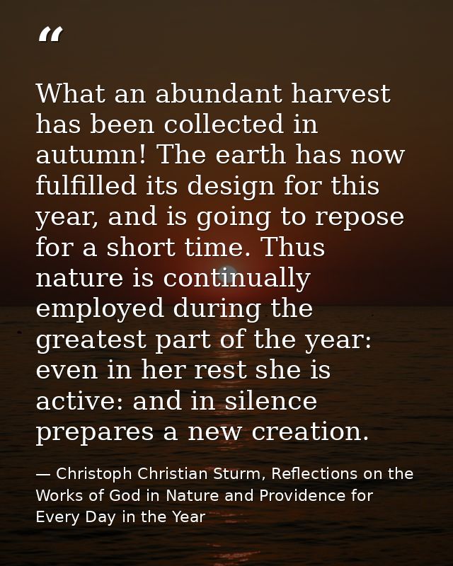 What an abundant harvest has been collected in autumn! The earth has now fulfilled its design for this year, and is goin — Christoph Christian Sturm, Reflections on the Works of God in Nature and Providence for Every Day in the Year