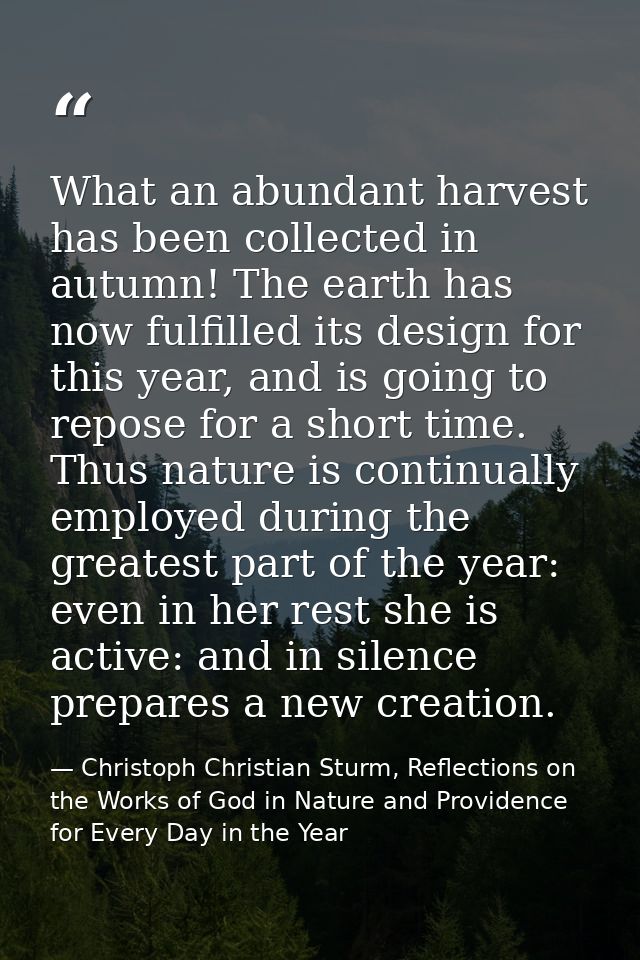 What an abundant harvest has been collected in autumn! The earth has now fulfilled its design for this year, and is goin — Christoph Christian Sturm, Reflections on the Works of God in Nature and Providence for Every Day in the Year