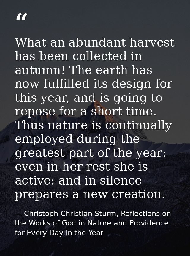 What an abundant harvest has been collected in autumn! The earth has now fulfilled its design for this year, and is goin — Christoph Christian Sturm, Reflections on the Works of God in Nature and Providence for Every Day in the Year