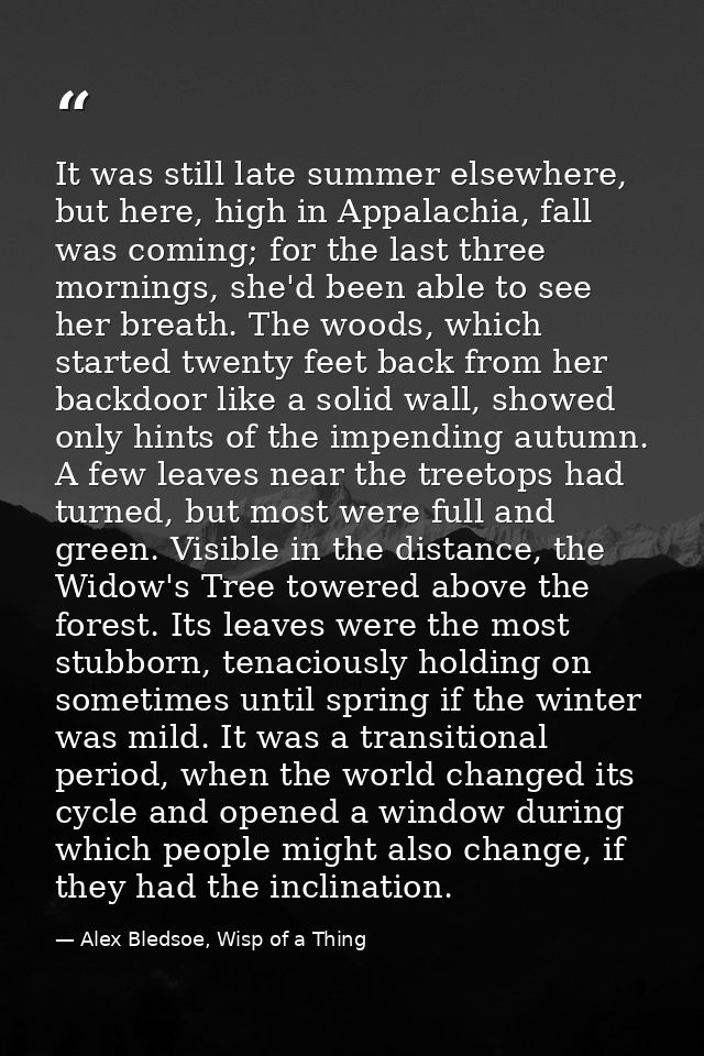 It was still late summer elsewhere, but here, high in Appalachia, fall was coming; for the last three mornings, she'd be — Alex Bledsoe, Wisp of a Thing