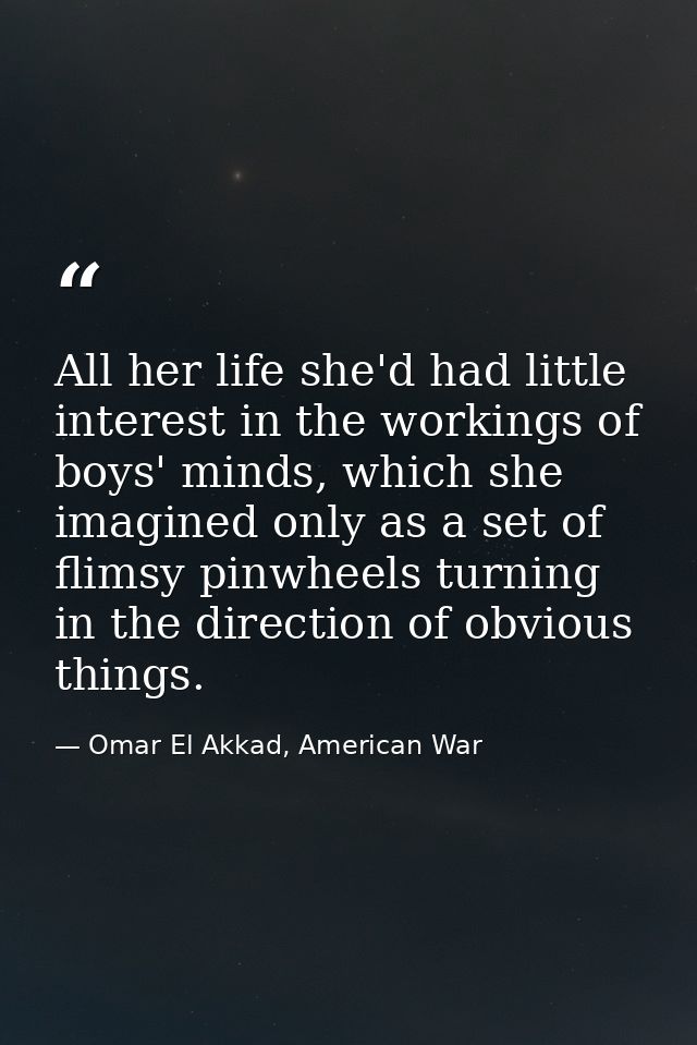 All her life she'd had little interest in the workings of boys' minds, which she imagined only as a set of flimsy pinwhe — Omar El Akkad, American War