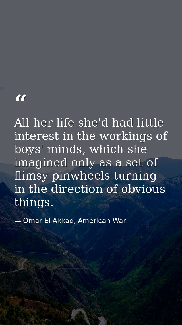 All her life she'd had little interest in the workings of boys' minds, which she imagined only as a set of flimsy pinwhe — Omar El Akkad, American War