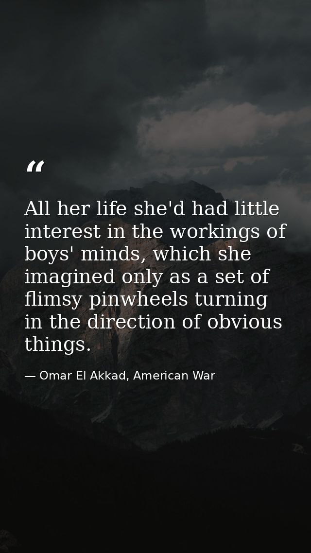 All her life she'd had little interest in the workings of boys' minds, which she imagined only as a set of flimsy pinwhe — Omar El Akkad, American War