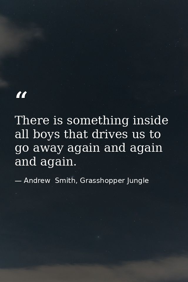There is something inside all boys that drives us to go away again and again and again. — Andrew  Smith, Grasshopper Jungle