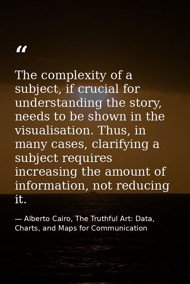 The complexity of a subject, if crucial for understanding the story, needs to be shown in the visualisation. Thus, in ma — Alberto Cairo, The Truthful Art: Data, Charts, and Maps for Communication
