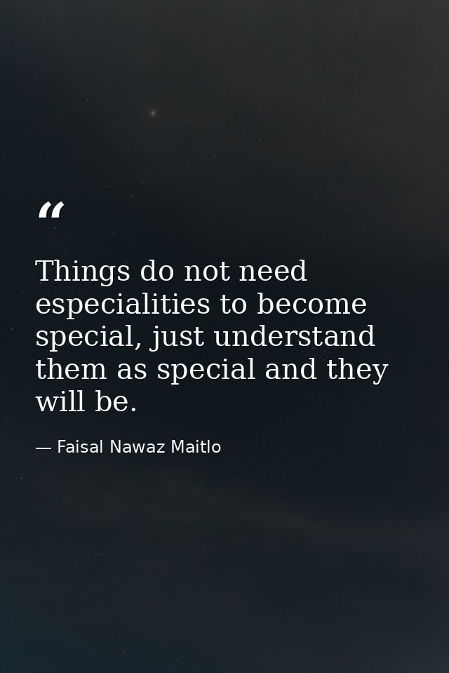 Things do not need especialities to become special, just understand them as special and they will be. — Faisal Nawaz Maitlo