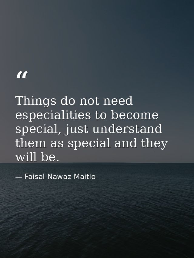 Things do not need especialities to become special, just understand them as special and they will be. — Faisal Nawaz Maitlo