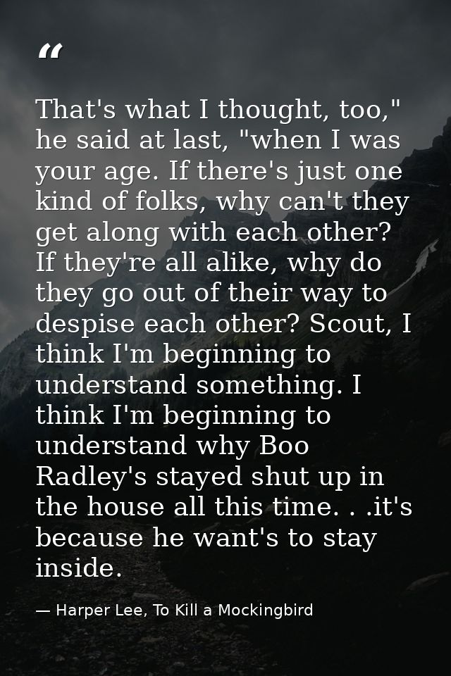 That's what I thought, too," he said at last, "when I was your age. If there's just one kind of folks, why can't they ge — Harper Lee, To Kill a Mockingbird