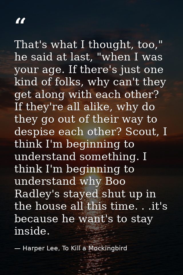 That's what I thought, too," he said at last, "when I was your age. If there's just one kind of folks, why can't they ge — Harper Lee, To Kill a Mockingbird