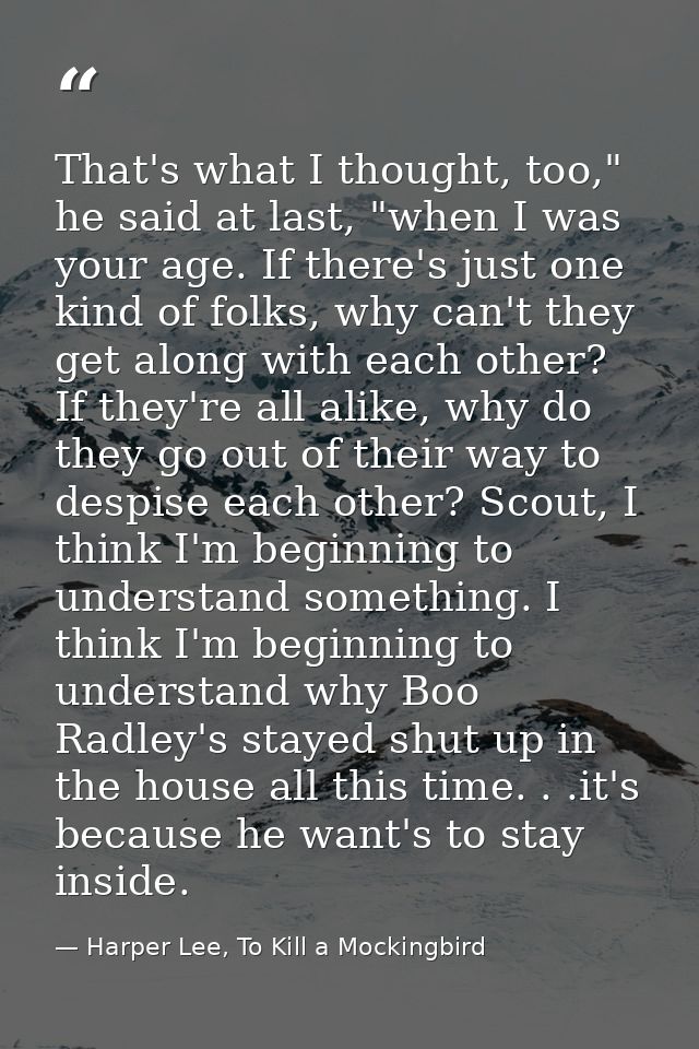 That's what I thought, too," he said at last, "when I was your age. If there's just one kind of folks, why can't they ge — Harper Lee, To Kill a Mockingbird