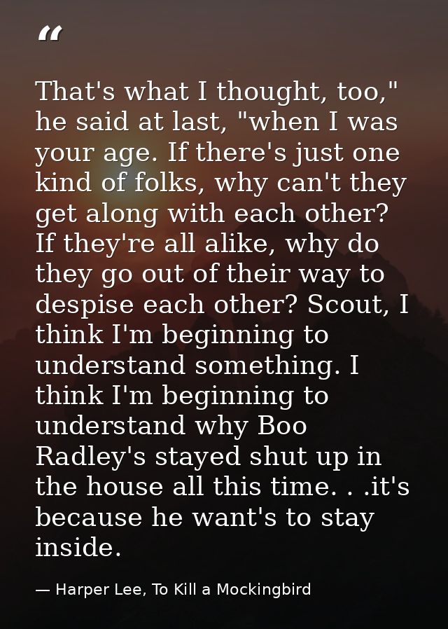 That's what I thought, too," he said at last, "when I was your age. If there's just one kind of folks, why can't they ge — Harper Lee, To Kill a Mockingbird