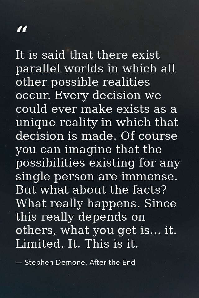 It is said that there exist parallel worlds in which all other possible realities occur. Every decision we could ever ma — Stephen Demone, After the End